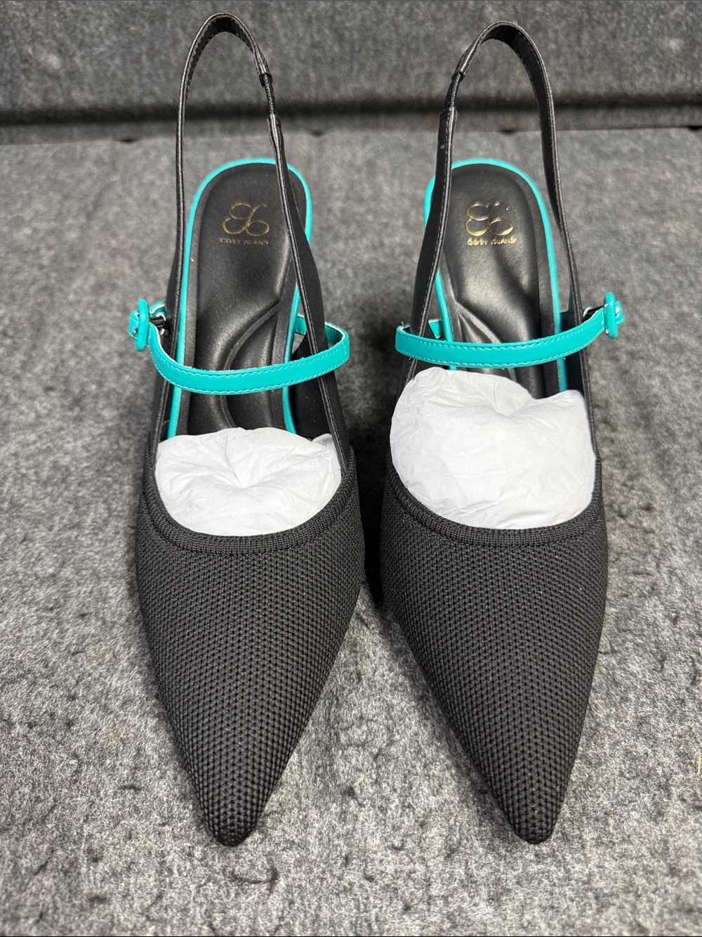 Cozy Island Black Pointed Slingback Heels with Turquoise Strap - Picture 9 of 9